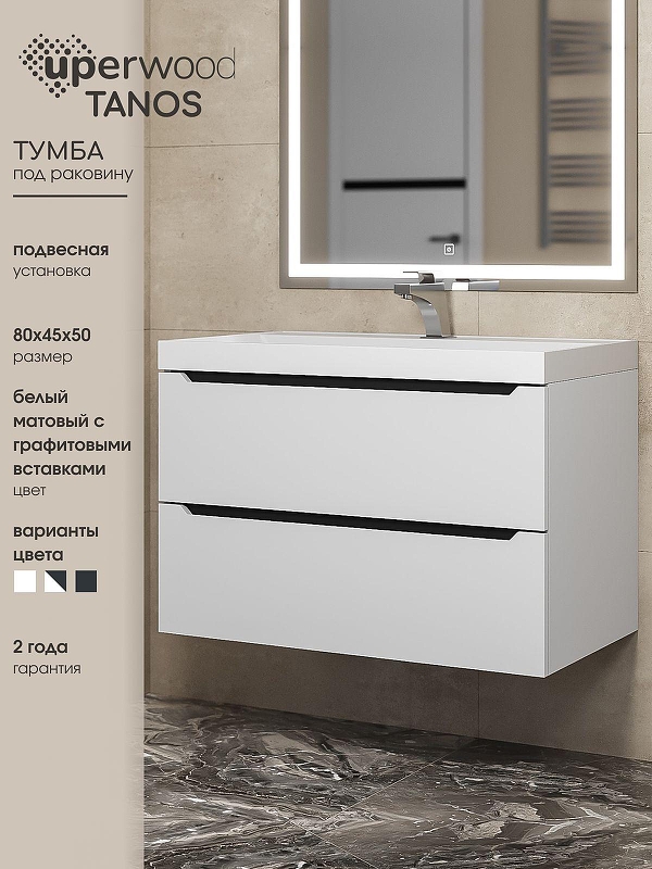 Тумба под раковину Uperwood Tanos 80 2930205142 подвесная цвет Белый матовый Графит матовый