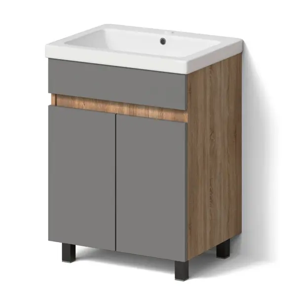 Тумба под раковину Cube 60 см напольная эмаль цвет графит матовый/дуб вотан с раковиной Cersanit Colour керамика 60 см цвет белый