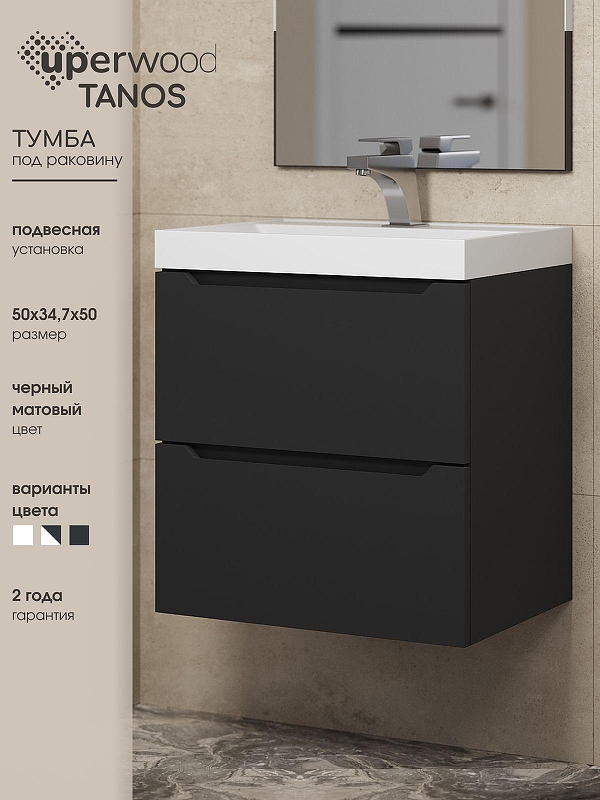 Тумба под раковину Uperwood Tanos 50 2930205148 подвесная цвет Черный матовый
