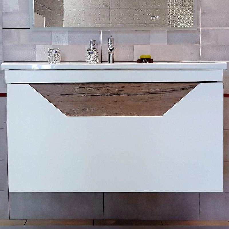 Тумба под раковину Бриклаер Брайтон 100 4627125415760 подвесная Белая матовая Дуб Кера