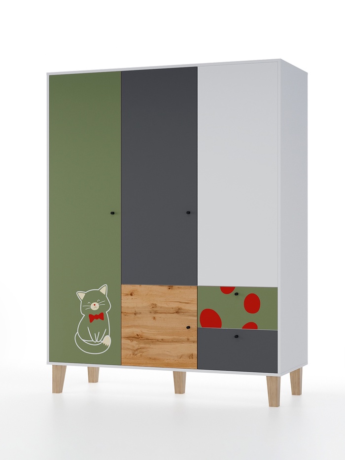 Шкаф распашной трёхстворчатый Story «Коты и овалы», 2 ящика, 1492×471×1973 мм, цвет белый/дуб вотан/олива/тёмно – серый