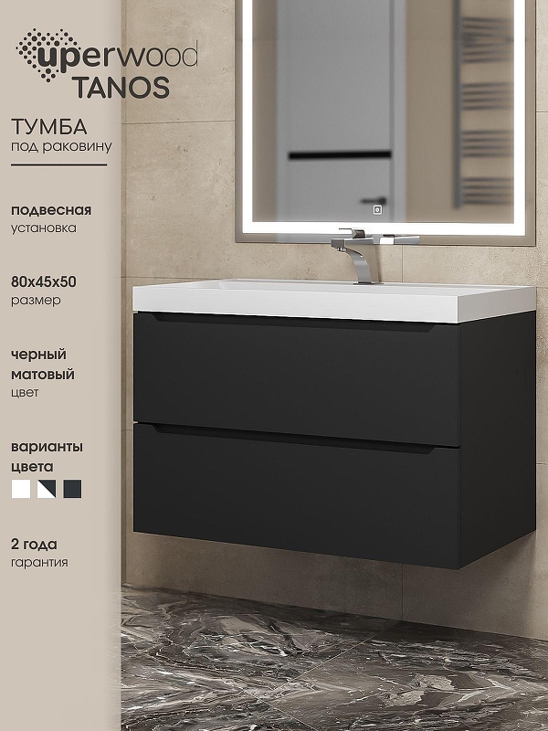 Тумба под раковину Uperwood Tanos 80 291020232 подвесная цвет Черный матовый