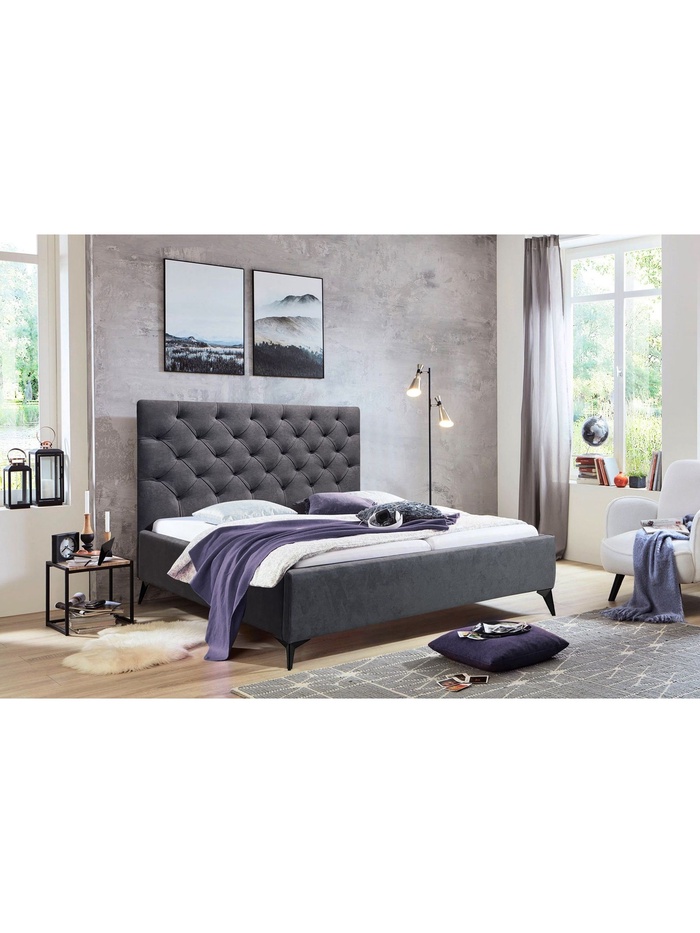 Кровать двуспальная «Фрейм КАРЕТНАЯ СТЯЖКА» высокие ножки, спальное место 1600×2000 мм, ткань вивальди 34, цвет графит