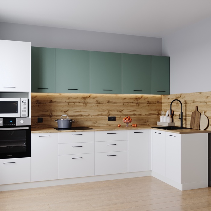 Кухонный гарнитур угловой «МУССОН», 3200×1400 мм, цвет жемчуг/муссон дуб Вотан