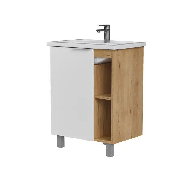 Тумба под раковину Сохо KONSENSA напольная 56.4 см цвет дуб гудзон золотой/белый софт тач с раковиной Kirovit Фостер 60