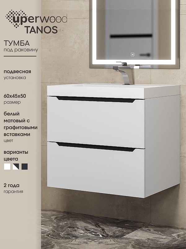 Тумба под раковину Uperwood Tanos 60 2930205140 подвесная цвет Белый матовый Графит матовый