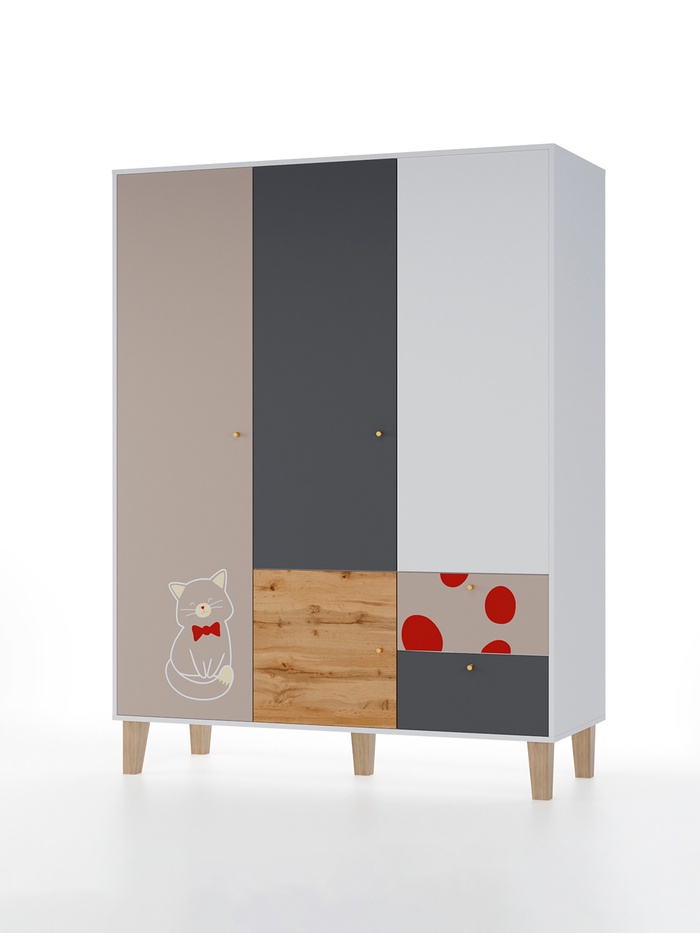 Шкаф распашной трёхстворчатый Story «Коты и овалы», 2 ящика, 1492×471×1973 мм, цвет белый/дуб вотан/бежевый/тёмно – серый