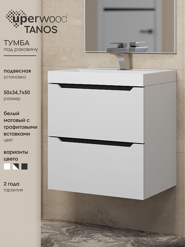 Тумба под раковину Uperwood Tanos 50 2930205149 подвесная цвет Белый матовый Графит матовый