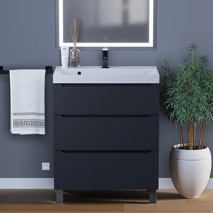 Тумба напольная Uperwood, под раковину Uperwood Tanos 70, 3 ящика, цвет чёрный матовый